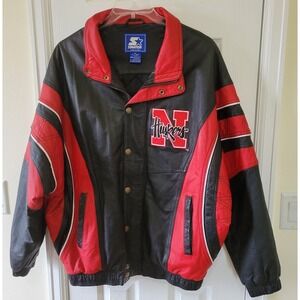 Vintage Starter Nebraska Huskers Varsity Leather Jacket Red Black Logo Patches